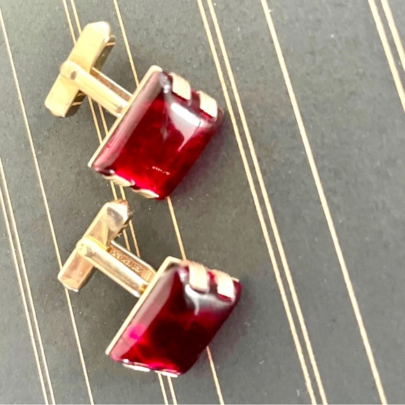 12K YELLOW GOLD FILLED Vintage Swank Gold Filled Cuff Links Carnelian Glass - Picture 6 of 8